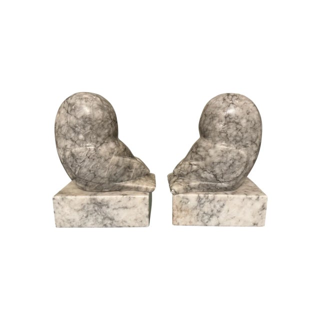 Light Gray 1950s Hand Carved Alabaster Owl With Glass Eyes Bookends- a Pair For Sale - Image 8 of 10