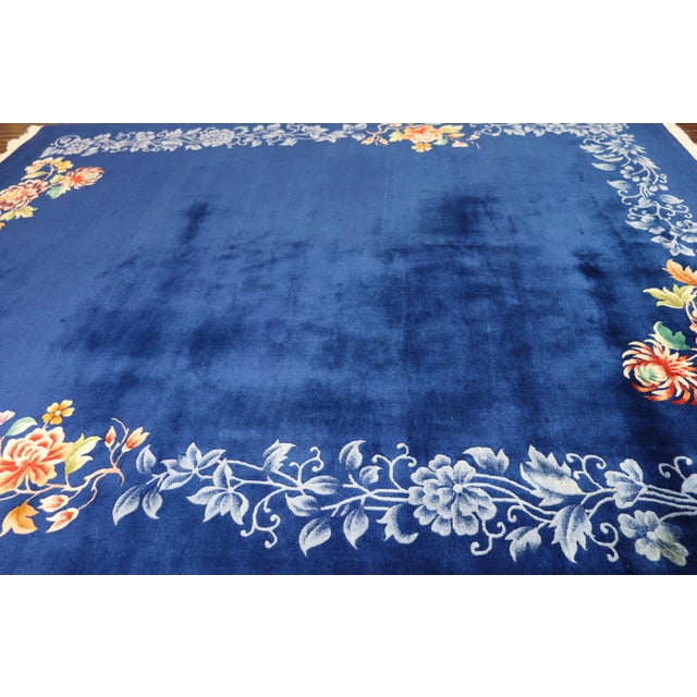 Blue Antique Art Deco Chinese Carpet, Wedding Carpet For Sale - Image 8 of 9