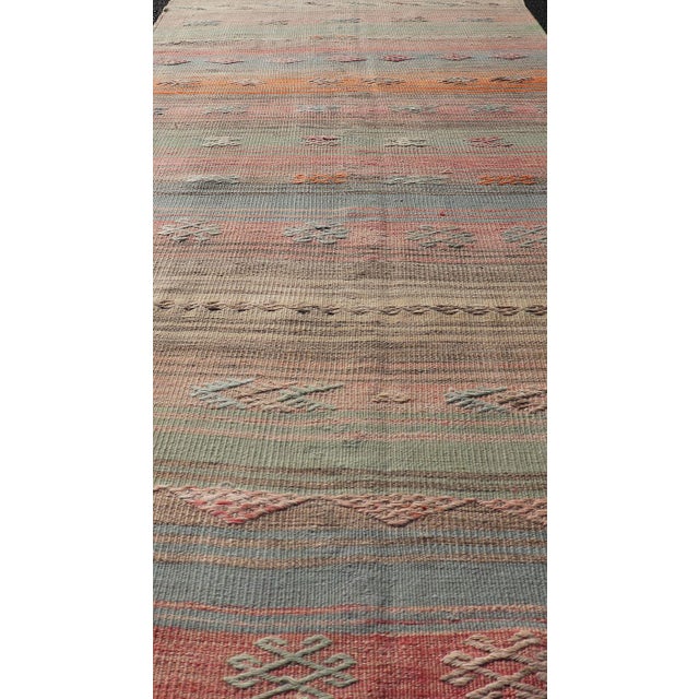 Textile Vintage Turkish Kilim Runner With Pastel Coral, Sage and Blue Stripes For Sale - Image 7 of 10