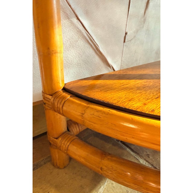 Brown Vintage 1940’s Mid-Century Original Condition Rattan, Bamboo Two Tier Drink Table, Side Table in Rare Demi-Lune Shape, Palm Beach Style For Sale - Image 8 of 12