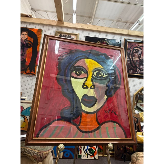 Terrific Large Scale Colorful Abstract Painting by Peter Robert Keil. The painting depicts a colorful womans portrait and...