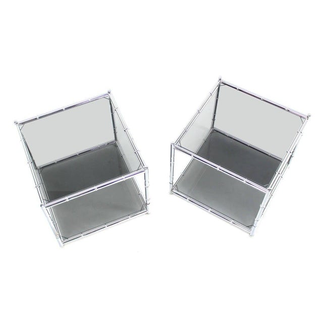 Mid-Century Modern Pair of Cube Shape Chrome Faux Bamboo Frame End Tables Smoked Glass Top MINT! For Sale - Image 3 of 9