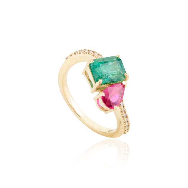 Art Deco Emerald Ruby Toi Et Moi Wedding Ring With Diamonds Size 5 For Sale - Image 3 of 12