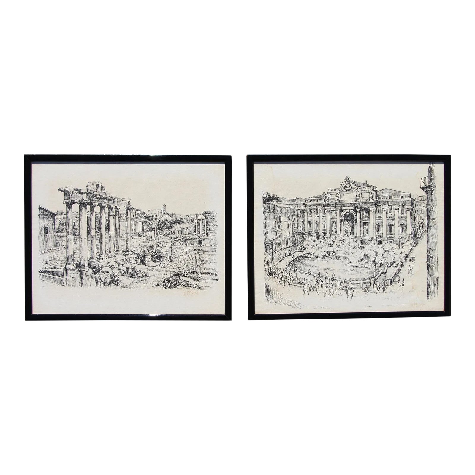 1950s Italian Ink on Paper Drawings: Roman Forum and Fontana DI Trevi ...