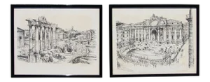 1950s Italian Ink on Paper Drawings: Roman Forum and Fontana DI Trevi, Signed