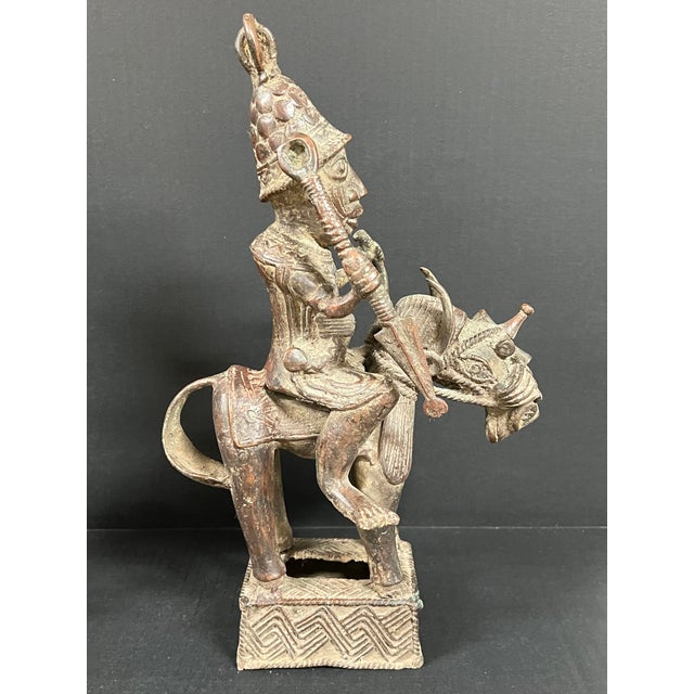 Metal Pair of African Tribal Art Benin Bronze Warrior Figures on Horseback For Sale - Image 7 of 16