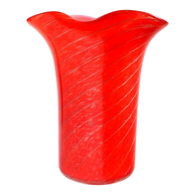 Fratelli Toso Murano Italian Art Glass Flared Rim Flower Vintage Vase Red Copper Aventurine Candy Cane For Sale
