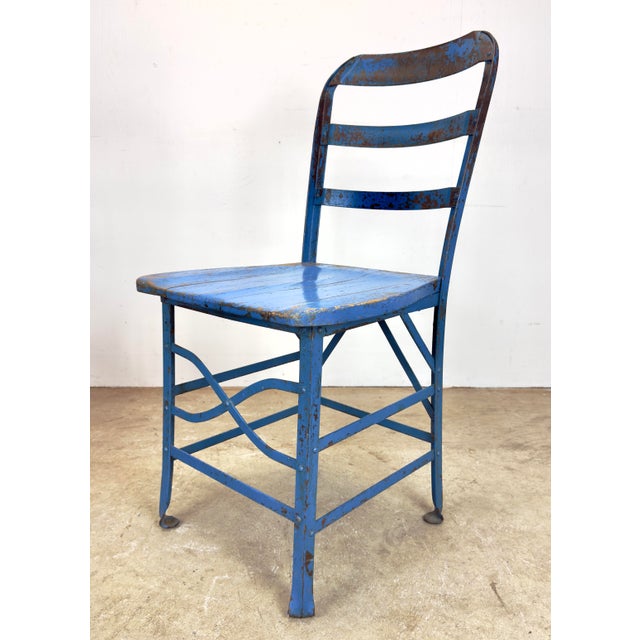 Antique Industrial Steel & Oak Chairs by Angle Steel Stool Co / K M Supply Company in Vivid Blue For Sale - Image 12 of 12