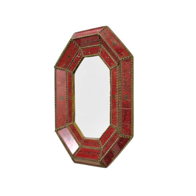Folk Art Mirror Large Heavy Hand Painted Reverse Acrylic Octagon Shape Floral Design Motif Decor For Sale - Image 3 of 7
