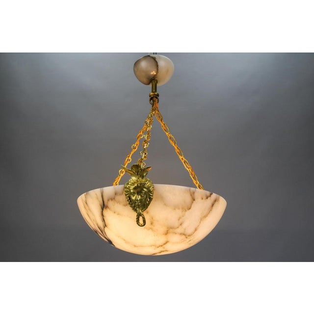 White Alabaster and Bronze Three-Light Pendant Chandelier, France, 1920s For Sale - Image 12 of 18