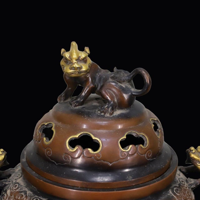 Large Vintage Gilt Bronze Tripod Censer With Dragon and Beast Motifs For Sale In Los Angeles - Image 6 of 10