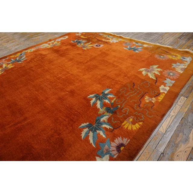Art Deco Striking Multi Color Daisies in a Floral Design With Orange-Terra-Cotta Ground Color Antique Chinese Art Deco Rug For Sale - Image 3 of 12