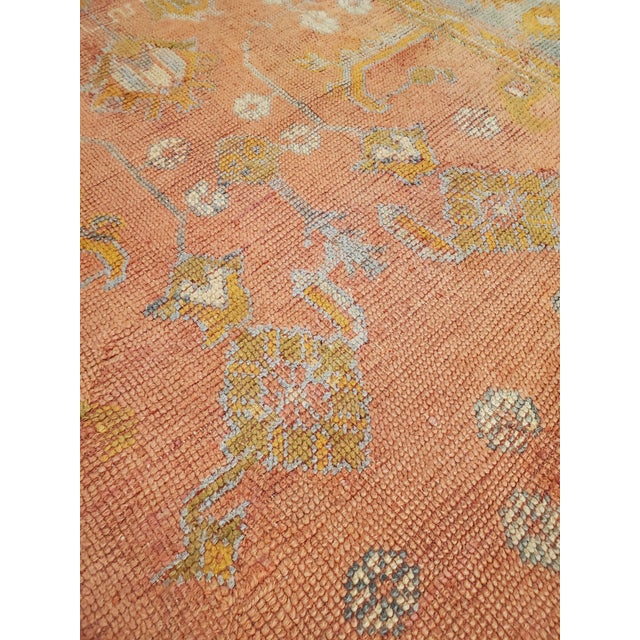 Antique Oushak Carpet, Oriental Rug, Handmade Rug Saffron, Light Blue and Coral For Sale - Image 17 of 18