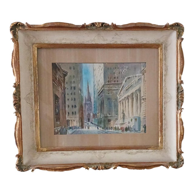 Wall Street - Mid-Century Modern Oil on Board, Trinity Church, Federal Building For Sale