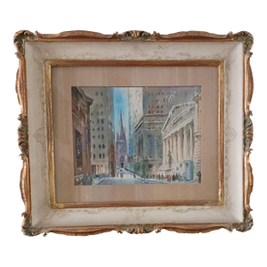 Wall Street - Mid-Century Modern Oil on Board, Trinity Church, Federal Building