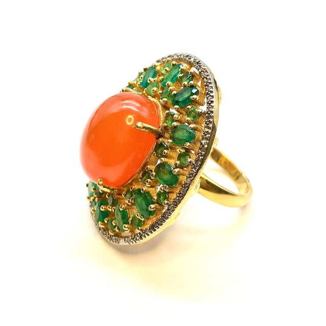 Bochic "Orient" Vintage Orange Opal, Emerald & Diamond Ring Set In 18K & Silver For Sale In New York - Image 6 of 18