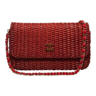 Chanel Red Wicker Classic Flap Handbag For Sale