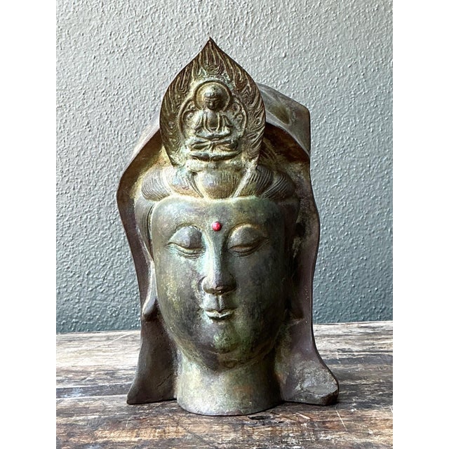 Chinoiserie Vintage Patinated Bronze Buddha Head For Sale - Image 3 of 18