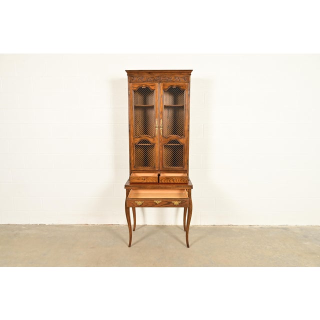1960s Baker Furniture French Provincial Louis XV Carved Oak Secretary Desk With Bookcase Hutch, Circa 1960s For Sale - Image 5 of 17