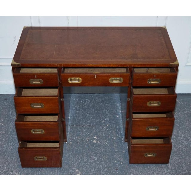 Military Campaign Twin Pedestal Desk with Leather Top For Sale - Image 10 of 16