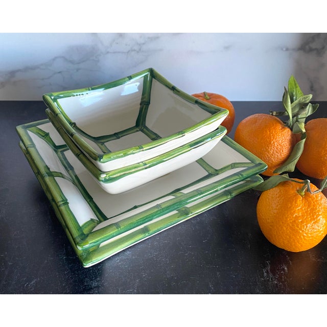 Traditional Fret Rim Dip Cup, Italian Hand-Painted Ceramic Bamboo Motif in Green For Sale - Image 3 of 3