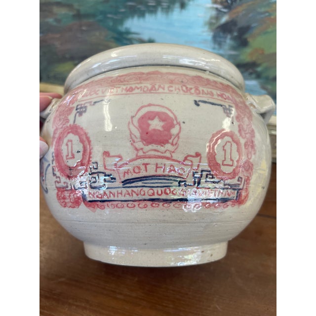 Hand-Painted Vietnamese Studio Pottery Jar Featuring One Hào Currency Motif, Signed. For Sale - Image 10 of 10