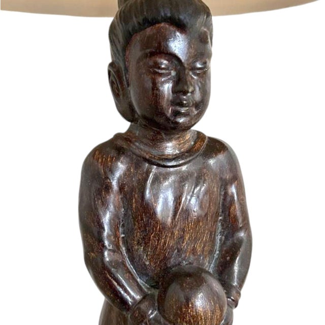 English 1970s Hand Carved Balinese Figural Table Lamps in the Style of James Mont - A Pair For Sale - Image 3 of 12