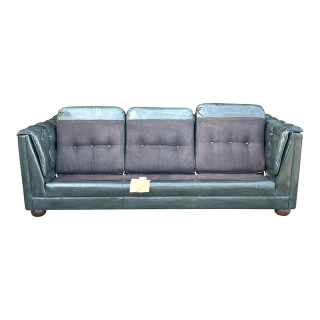 Vintage Dark Green Leather English Club Sofa With Tufted Back & Rich Patina For Sale - Image 9 of 10