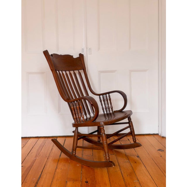 Up for sale is this authentic Victorian / late 19th century true antique solid golden oak pressback rocker in good, sturdy...