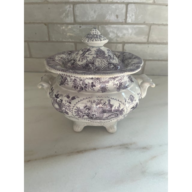 Purple Antique Purple Plum Transferware Staffordshire Sugar Bowl “Juvenile Amusement” For Sale - Image 8 of 8
