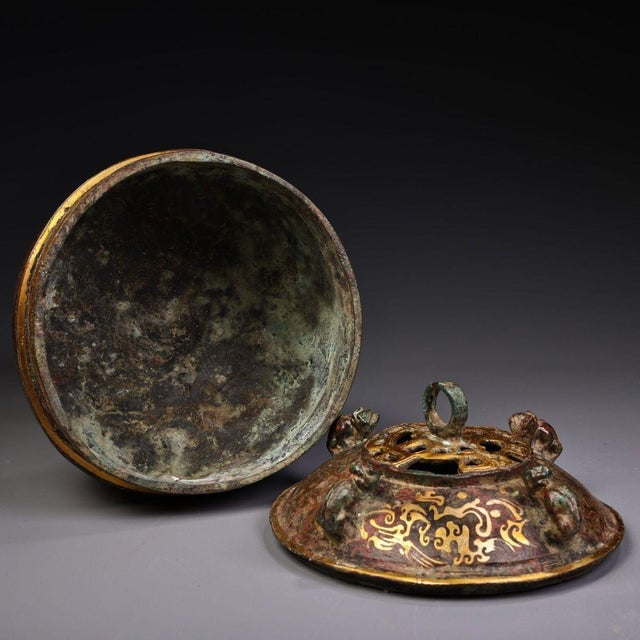 Vintage Chinese Bronze Stemmed Incense Burner, Intricate Gold Inlaid Scroll & Geometric Motifs, Chinoiserie Archaic Censer For Sale In Los Angeles - Image 6 of 10