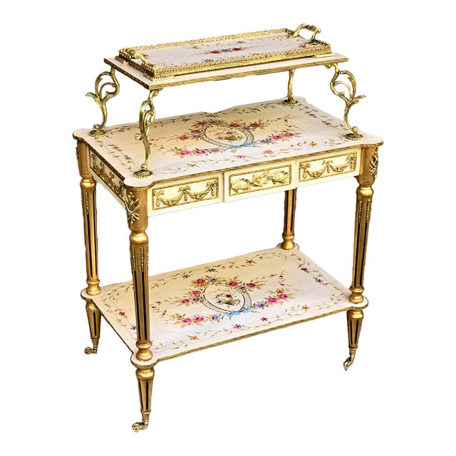 Ornate French-Style White Serving Table – Gilded Details, Floral Inlay & Three-Tier Design For Sale