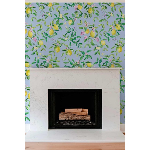 Not Yet Made - Made To Order Limoncello Floral & Lemon Grasscloth Wallpaper by House Party | Mediterranean Blue | 8 Yards For Sale - Image 5 of 7