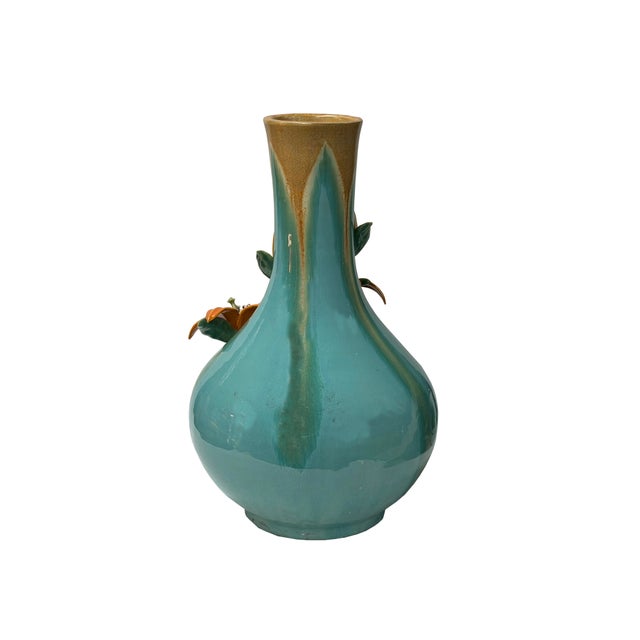 Ceramic Turquoise Teal Bulbous Round Body Orange Dimensional Lily Flower Art Vase For Sale - Image 7 of 15