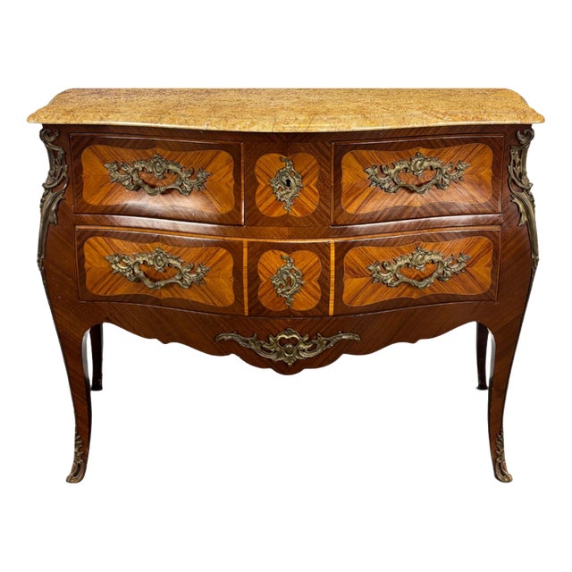 Louis XV Style Bombé Commode with Marquetry and Marble Top by R. Bacchin For Sale