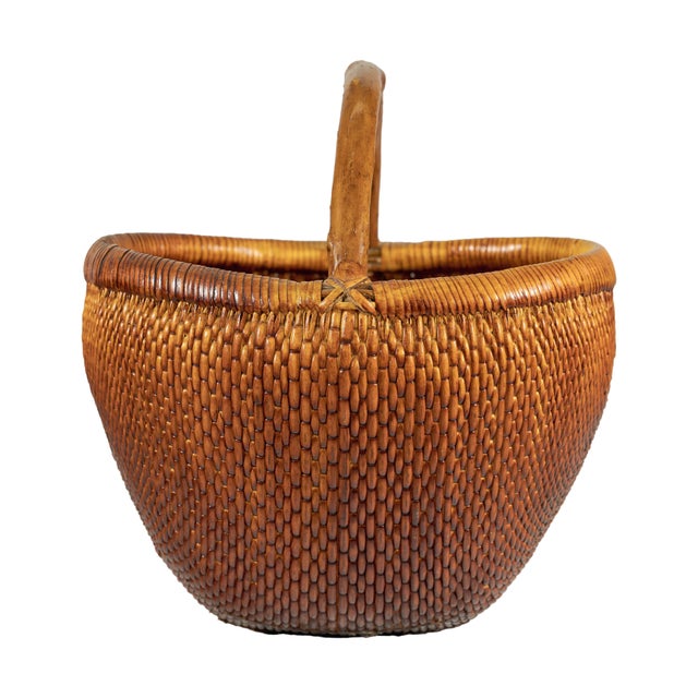 Vintage Chinese Handwoven Rattan Carrying Basket with Arched Handle For Sale - Image 14 of 18
