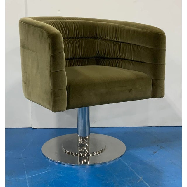 Metal Modern Olive Green Velvet Barrel Back Lounge Chair For Sale - Image 7 of 7