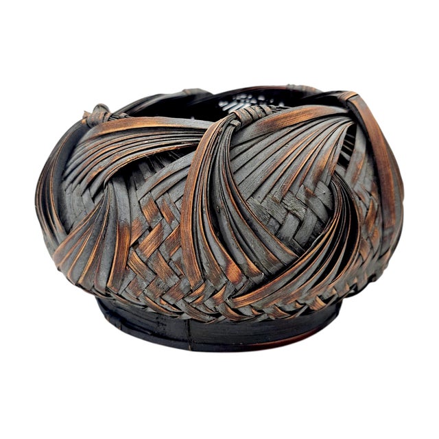 Japanese Showa Period Bamboo Ikebana Basket With Ajiro Weave 8" For Sale - Image 4 of 11
