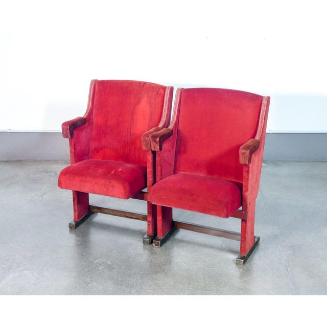 Pair of vintage wooden cinema armchairs with liftable seats. Origin italy period 1950s/60s model cinema and theatre...