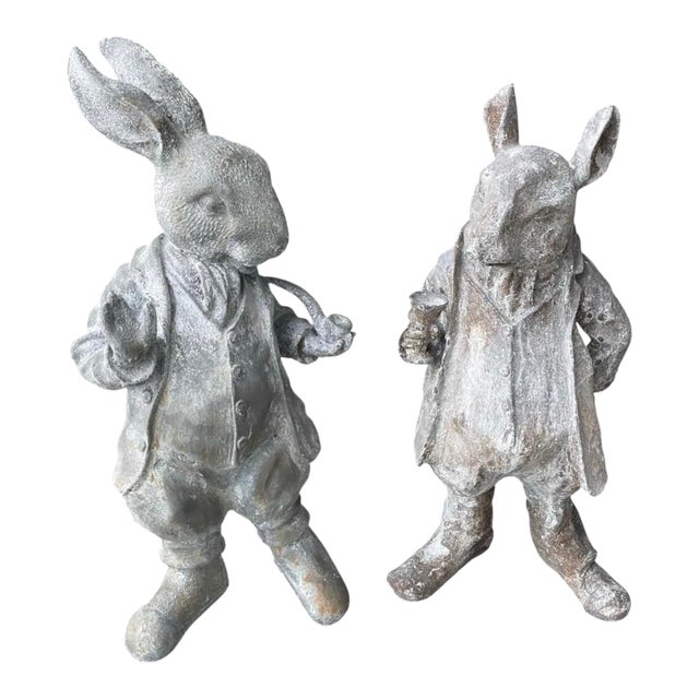 Vintage Cast Iron Gentleman Rabbit Garden Statues - Set of 2 Dapper Hare Figures (Pipe & Goblet) For Sale