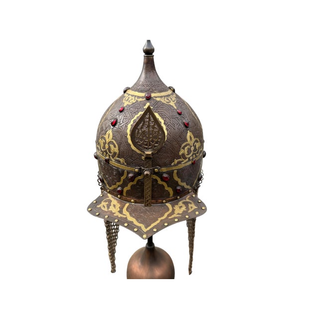 Jeweled Engraved Copper Helmet For Sale - Image 4 of 15