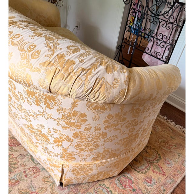 Yellow Vintage Sherrill Yellow Gold Foral Damask Tufted Sofa With Tuxedo Skirt & Throw Pillows For Sale - Image 8 of 11
