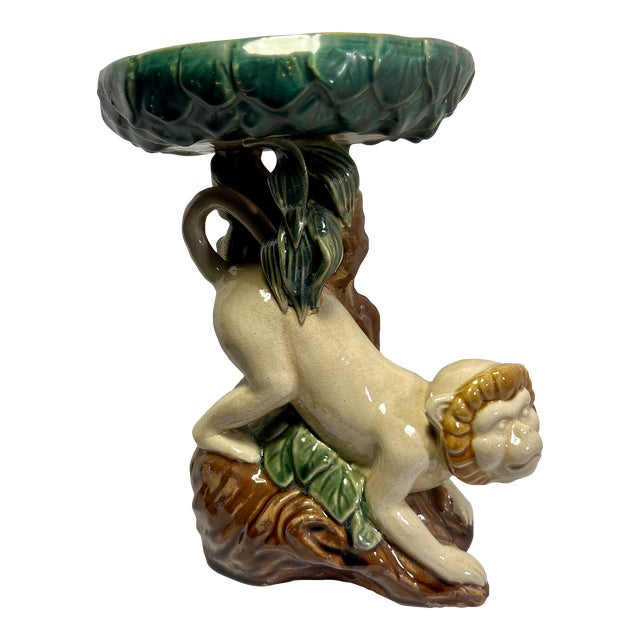 Mid-Century Modern Italian Chinoiserie Majolica Monkey & Bok Choy Sculpture Compote Centerpiece For Sale