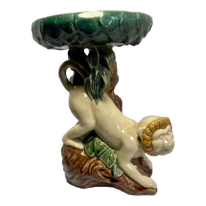Mid-Century Modern Italian Chinoiserie Majolica Monkey & Bok Choy Sculpture Compote Centerpiece