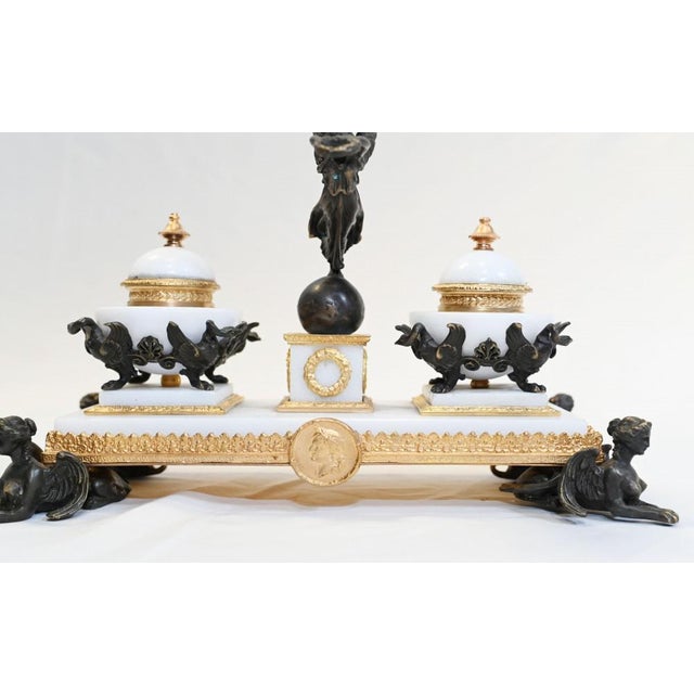 Empire French Marble Inkwell Bronze Sphinx For Sale - Image 9 of 10