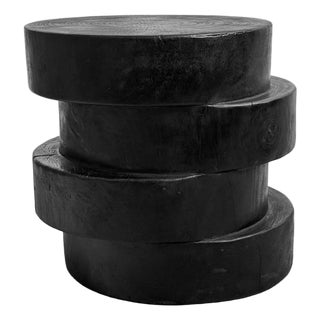 Modern Black Slab Stack Teak Side Table / Stool For Sale