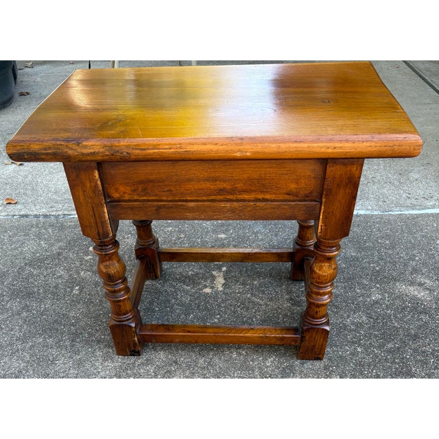 Vintage Solid Oak Side Table With One Drawer and Turned Legs For Sale In Dallas - Image 6 of 8
