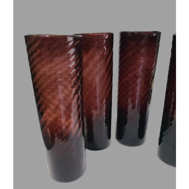 Mid-Century Modern Vintage Set of 4 Hand Blown Art Glass Purple Tall Glasses or Vases For Sale - Image 3 of 7