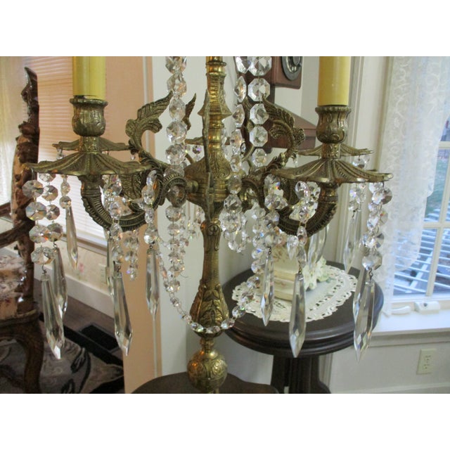 1930s Huge Heave Antique Fancy Brass Art Nouveau Lamp Crystal Prisms , Crystal Chain 6 Lights Adorned With Angel Wings For Sale - Image 4 of 13