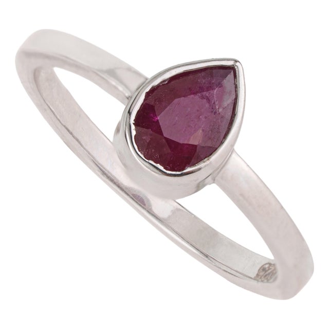 Minimalist Bezel Set Pear 0.8 Ct Red Ruby Solitaire Ring in 925 Solid Silver Size 8 For Sale